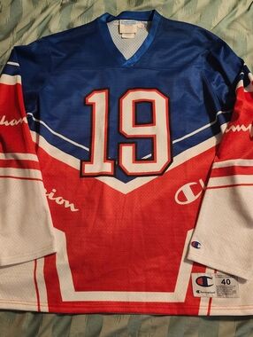 Champion Vintage Rare 90's RED WHITE BLUE‎ Hockey Jersey #19  Men's Size Medium